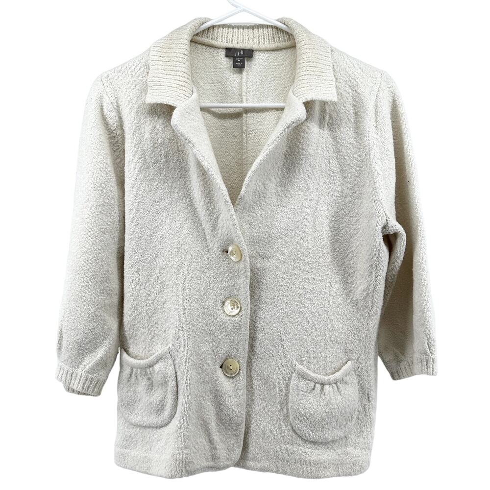 J. Jill Button Down Cardigan Sweater 3/4 Sleeve Pockets Collared Stretch White M